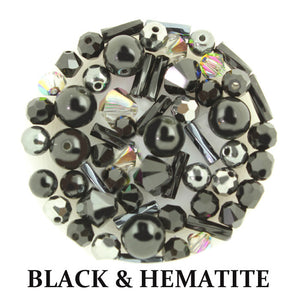 Black & Hematite mix includes metallic and opaque beads in black, silver, shades of grey, and ivory