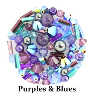 Purples & Blues mix includes metallic, opaque, and matte beads in shades of purple, teal, pale pink, bright green, burgundy, and blue