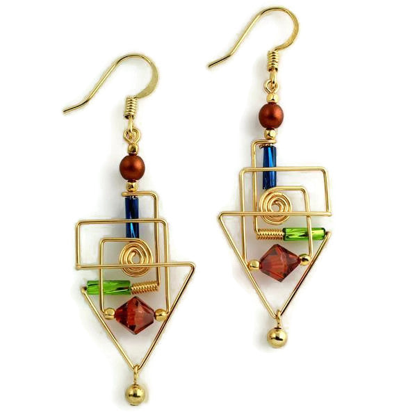 Frank Lloyd Wright Inspired Triangular Wirework Beaded Earrings