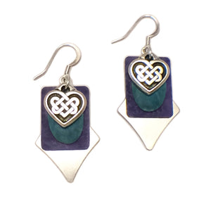 Harpstone Jewelry Silver Heart Celtic Knot Layered Teal, Purple & Silver Earrings