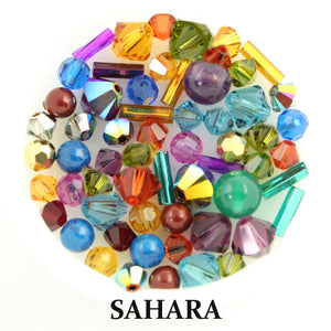 Sahara mix includes matte, metallic, and opaque beads in shades of dusty yellows, teal, blue, sage green, orange, silver, gold, and peach pink