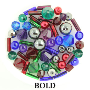 Bold mix includes matte, metallic, and opaque beads in blue, bright red, green, royal purple, silver, and toffee brown
