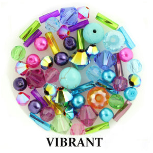 Vibrant mix includes matte and metallic sky blue, fuchsia, orange, purple, yellow, lime green beads