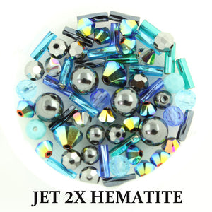Jet 2X Hematite mix includes metallic, matte, and opaque beads in shades of blue, teal, and silver