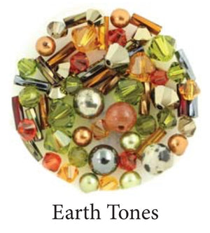 Earth mix includes metallic, opaque, and matte beads in silver, sea green, shades of brown, amber, pale orange, and gold