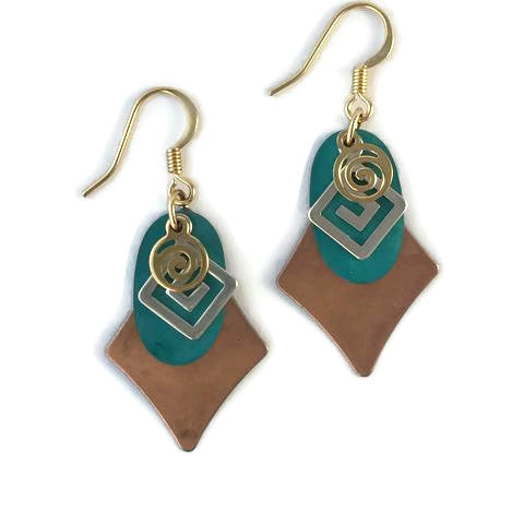 Layered Gold and Colored Patina Abstract Pendant Earrings