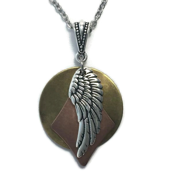 Layered Multi-Metal Patina Necklace with Angel Wing Pendant