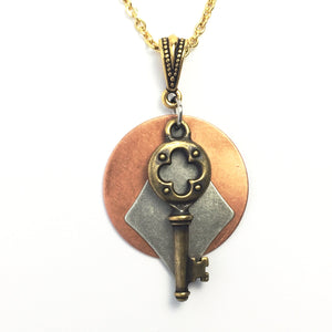 Layered Multi-Metal Patina Necklace with Key Pendant