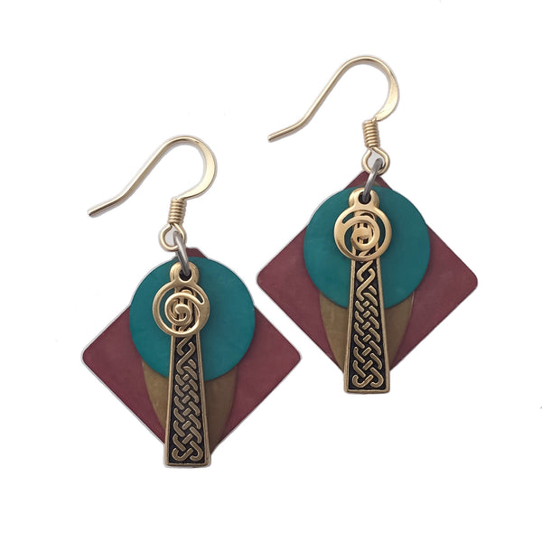 Colorful Layered Patina Abstract Pendant Earrings