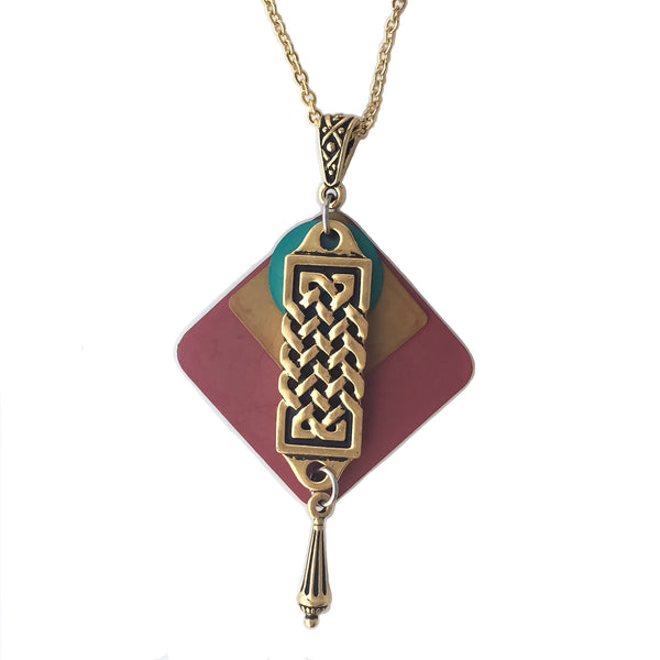 Layered Colorful Patina Celtic Braided Pendant w/ Teardrop Necklace