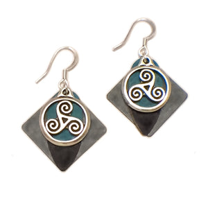 Layered Colored Patina Dangle Celtic Triskelion Pendant French Hook Earrings
